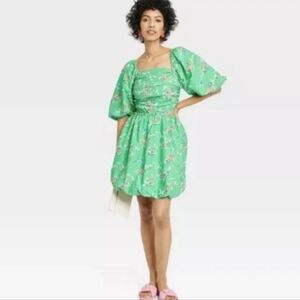 A New Day Puff Short Sleeve Cut Out Bubble A-Line Dress Green Floral SZ M